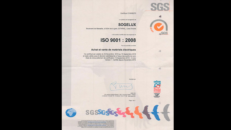 certification ISO 9001 version 2008 de SOGELUX